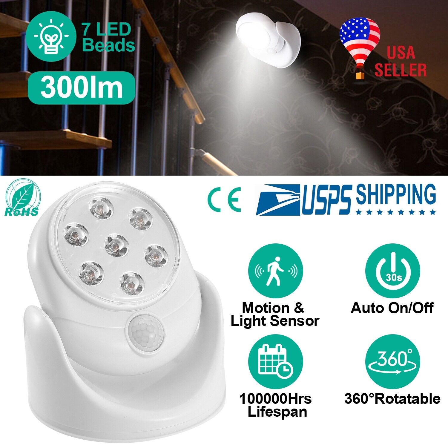 Adjustable LED Activated Motion Sensor Light 7 LEDs Cordless Patio Wall Lamp