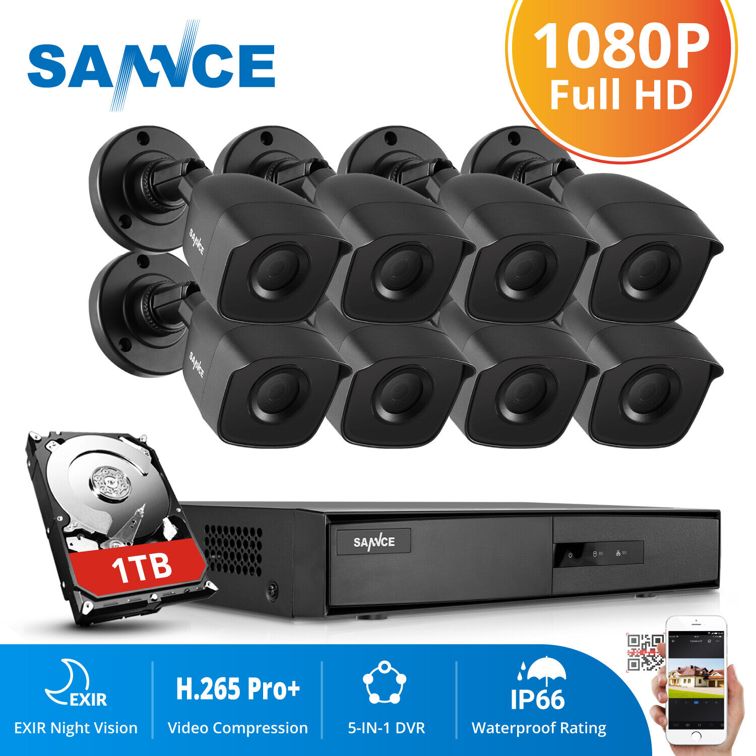 SANNCE 5in1 8CH 1080N DVR CCTV Home 1080P 2MP 3000TVL Security Camera System 1TB