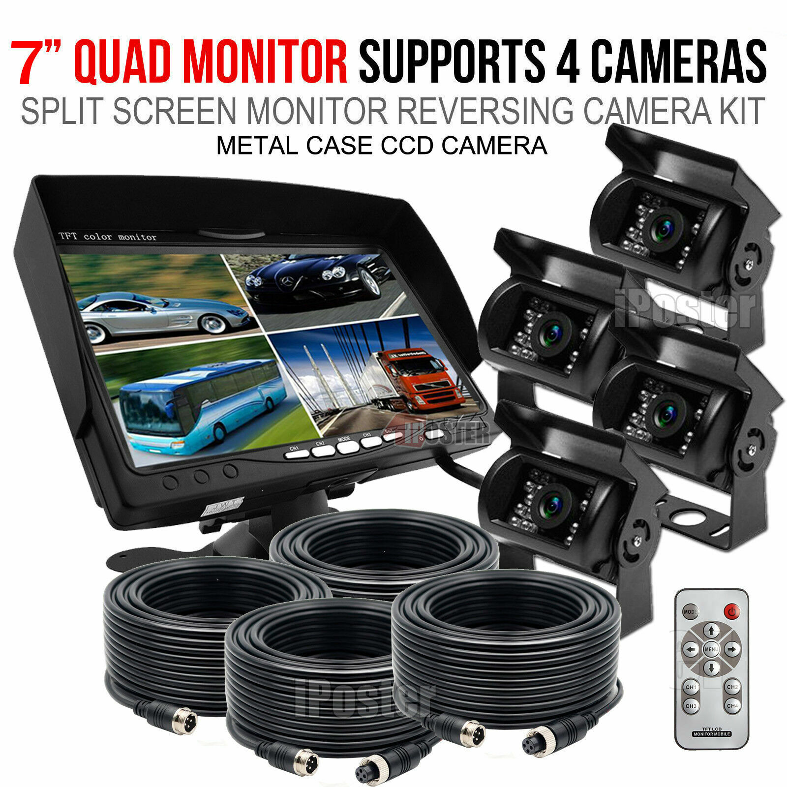 Backup Camera 7''Quad Split Monitor System for Truck,Trailer Heavy,Box,RV,Camper