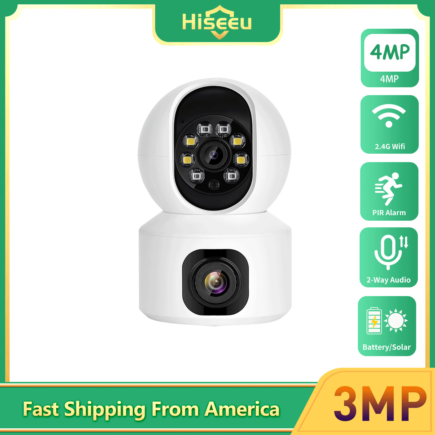 Hiseeu 2MP+2MP Dual Lens WiFi Security Camera Night Vision Baby Pet Monitor