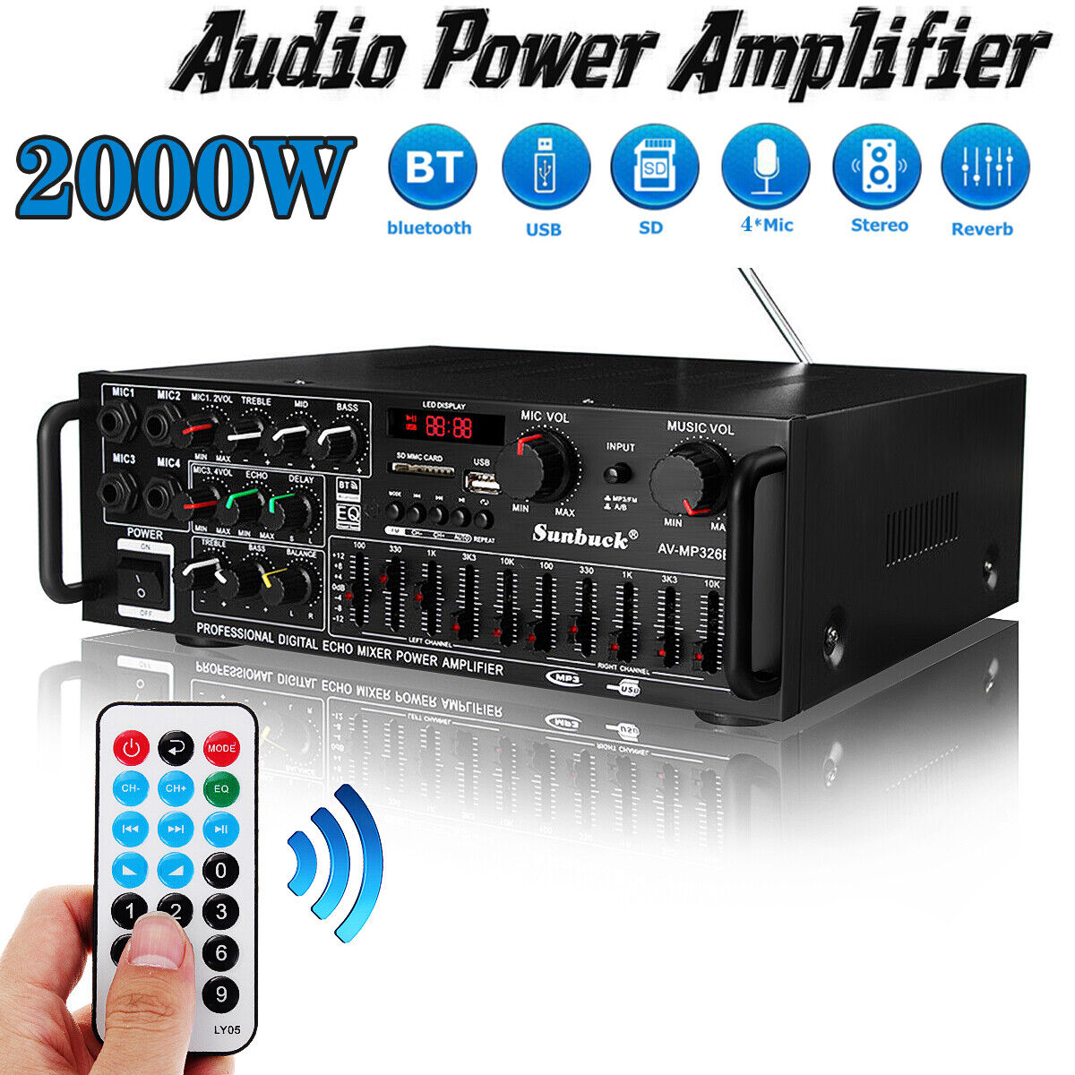 2000W 2Channel EQ 110V Bluetooth Home Stereo Power Amplifier Audio USB AMP FM US