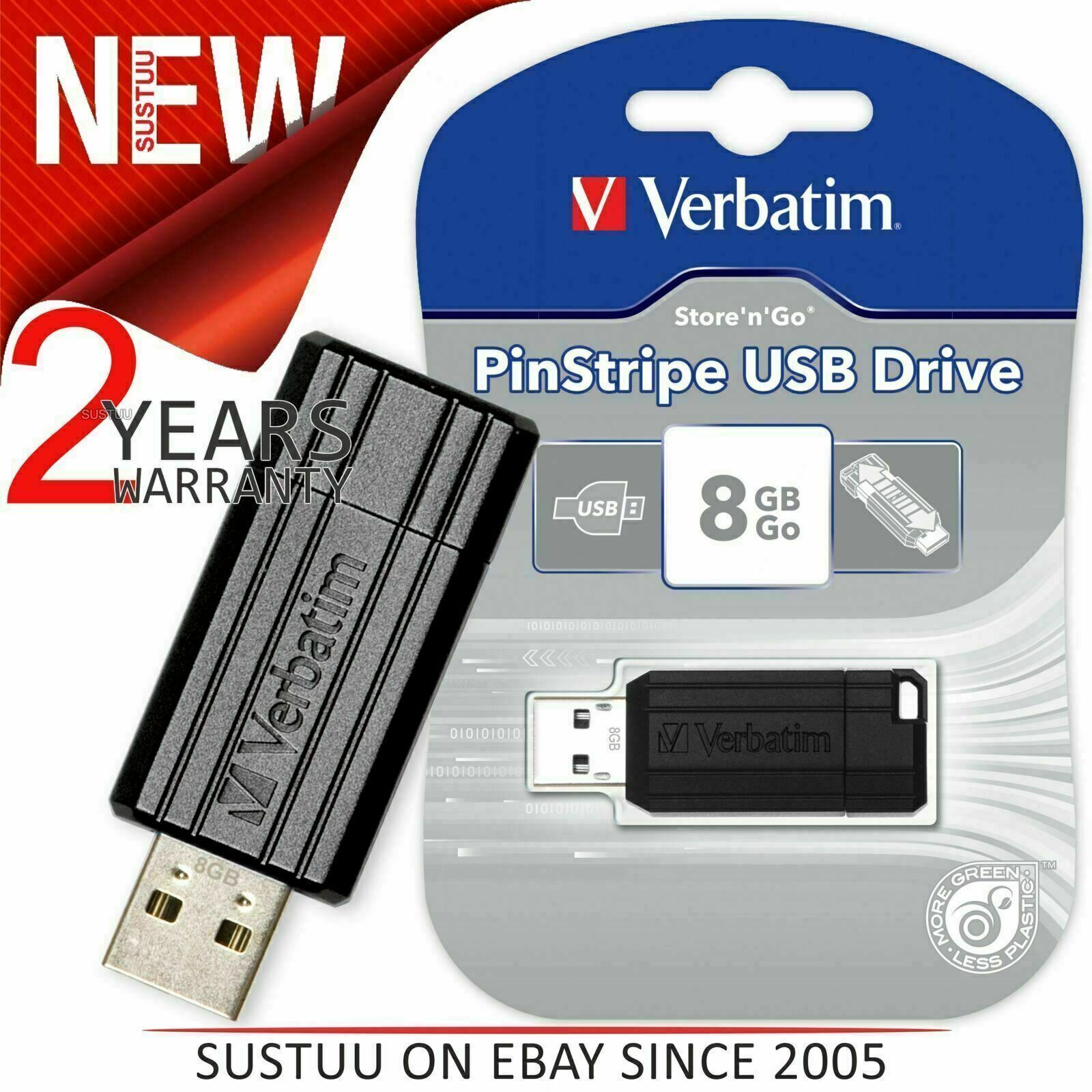 Verbatim 49062 8GB PinStripe USB 2.0 Flash Drive Memory Stick Pendrive - Black