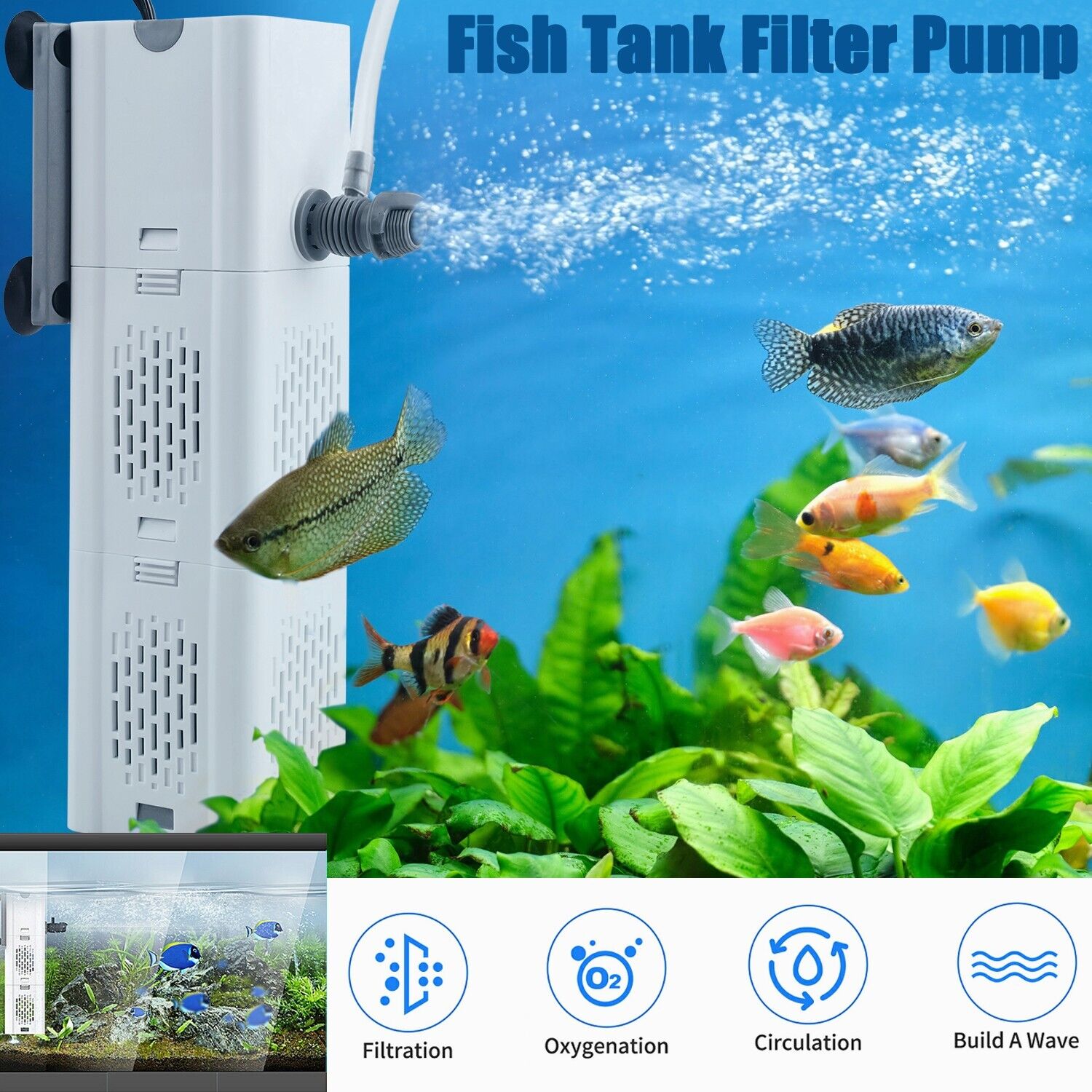 264GPH Aquarium Filter Pump Fish Tank Oxygen Pump Internal Water Filter 4-in-1
