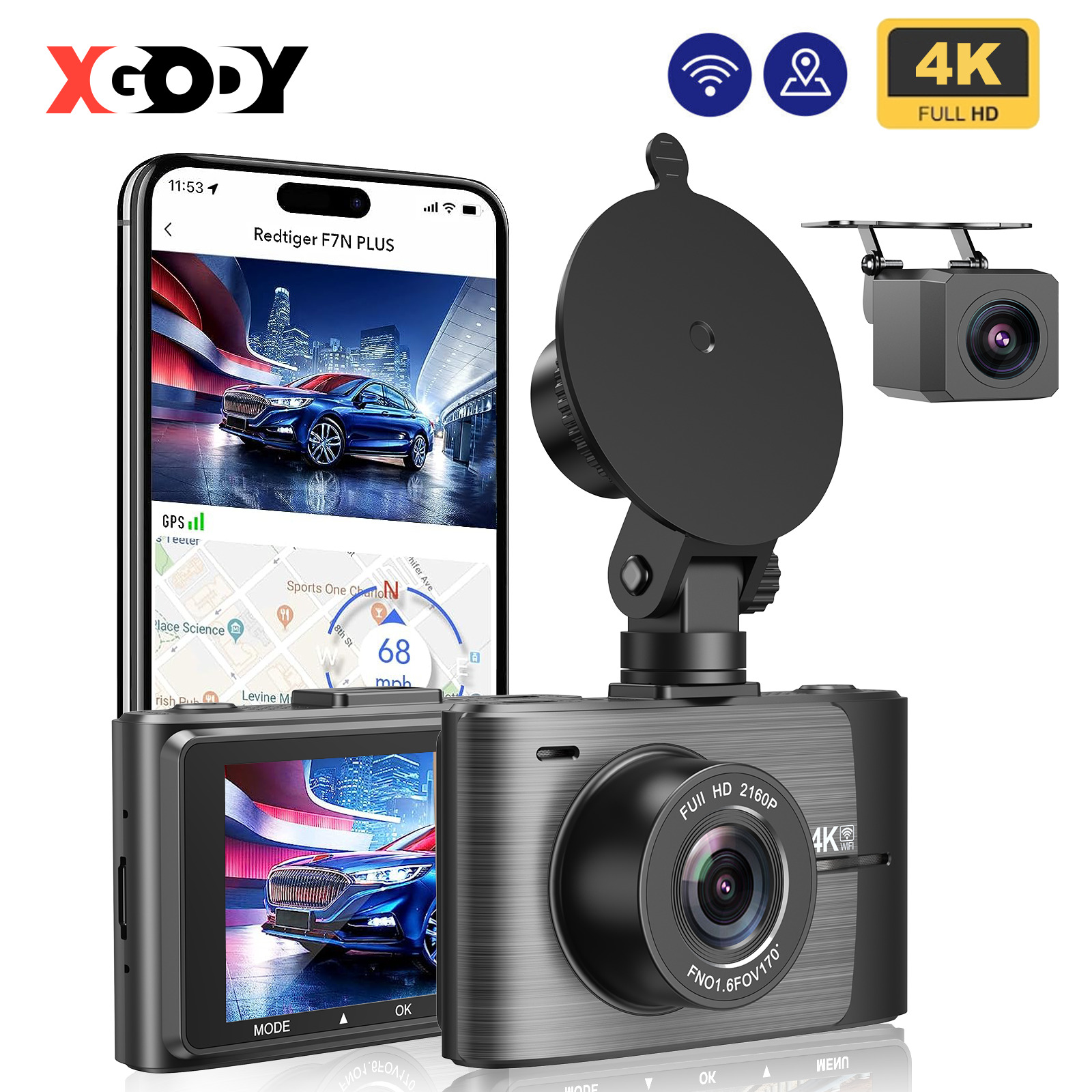 XGODY 4K Dual Dash Camera DVR Front and Rear Dash Cam Built-in WiFi&GPS for Cars