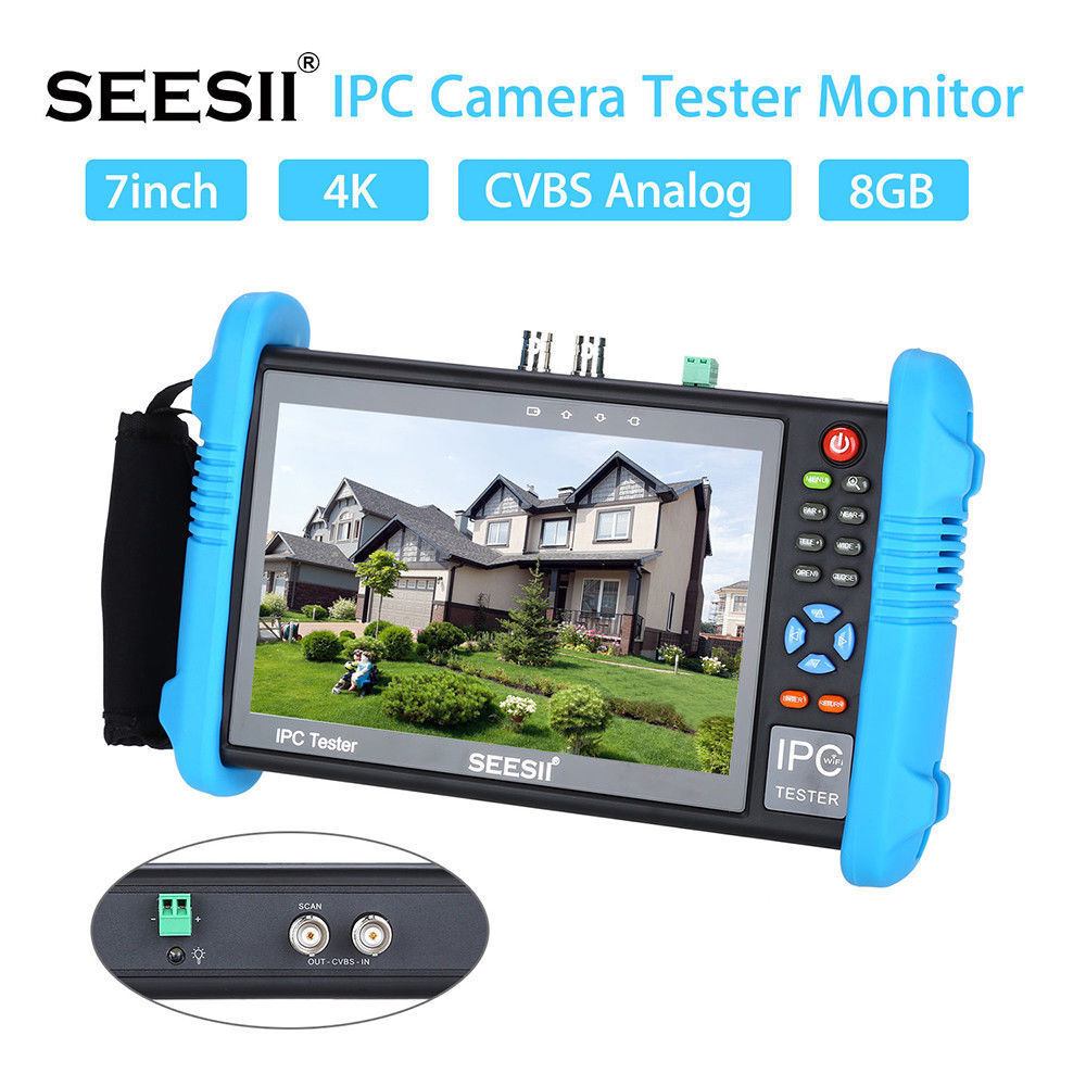 7 Inch 4K IPC Camera CCTV Tester Monitor CVBS POE Audio H.265 PTZ Control LED US