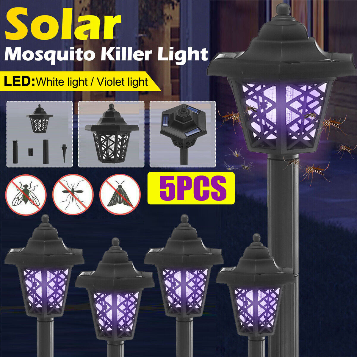 5*Solar Powered Mosquito Fly Bug LED Light Insect Zapper Killer Trap UV LED Lamp
