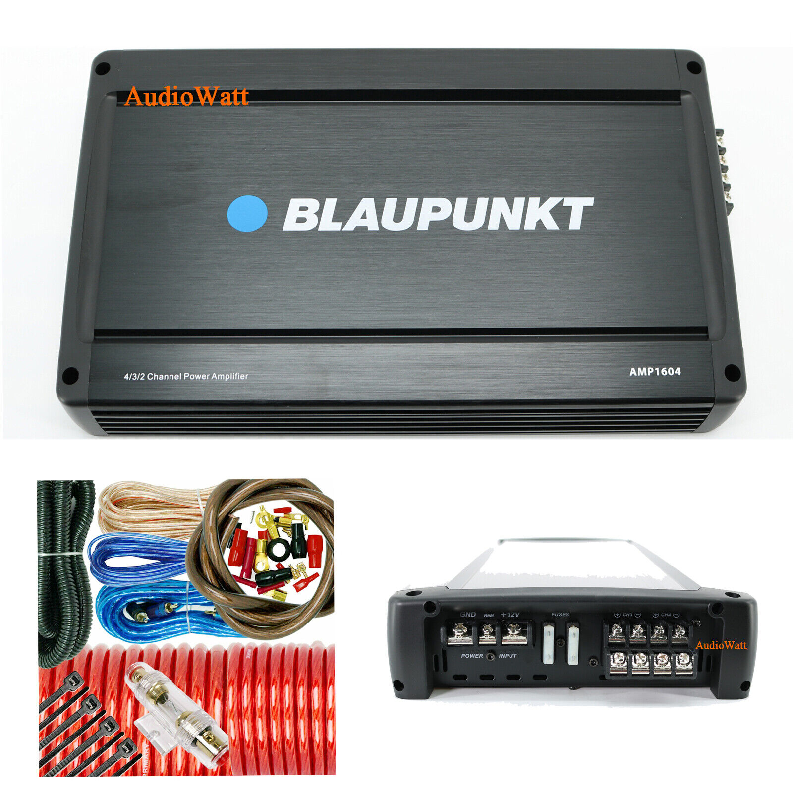 BLAUPUNKT AMP1604 1600W CAR AUDIO 4 CHANNEL AMP AMPLIFIER + 4 GAUGE AMP-KIT