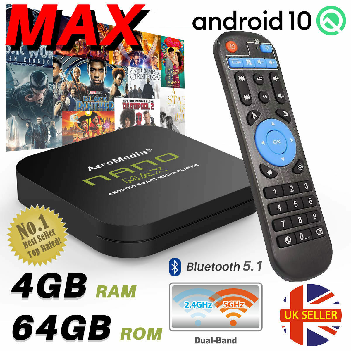 NANO MAX 4GB+64GB Android TV Box 12.0 HD Media Player 2.4/5GHz WiFi BT HDMI UK