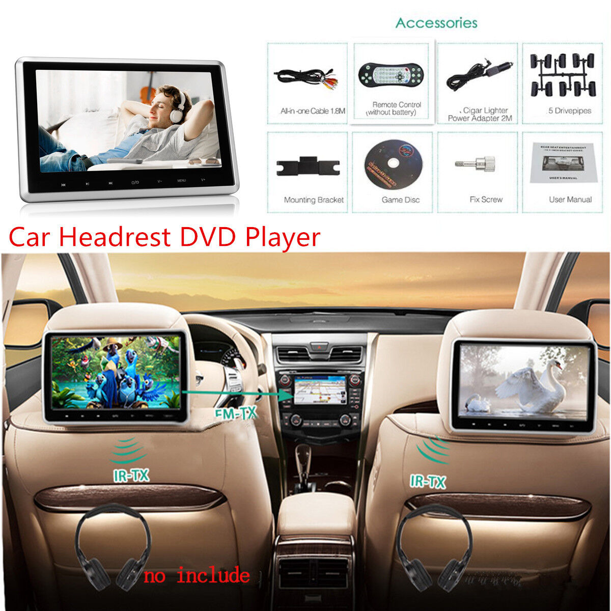 10.1\'\' Car Headrest Monitor DVD Player USB/SD/HDMI/FM/Game TFT LCD Touch Screen