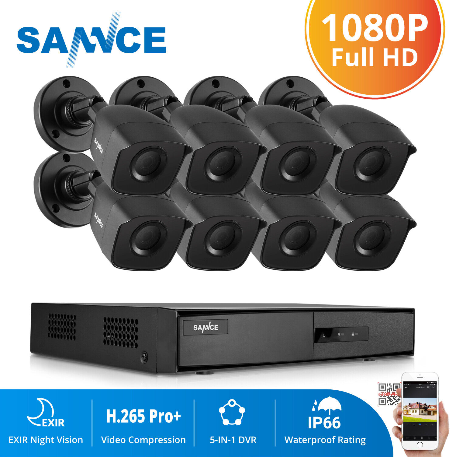 SANNCE 5in1 8CH 1080P HDMI DVR HD 2MP IR CUT CCTV Outdoor Security Camera System