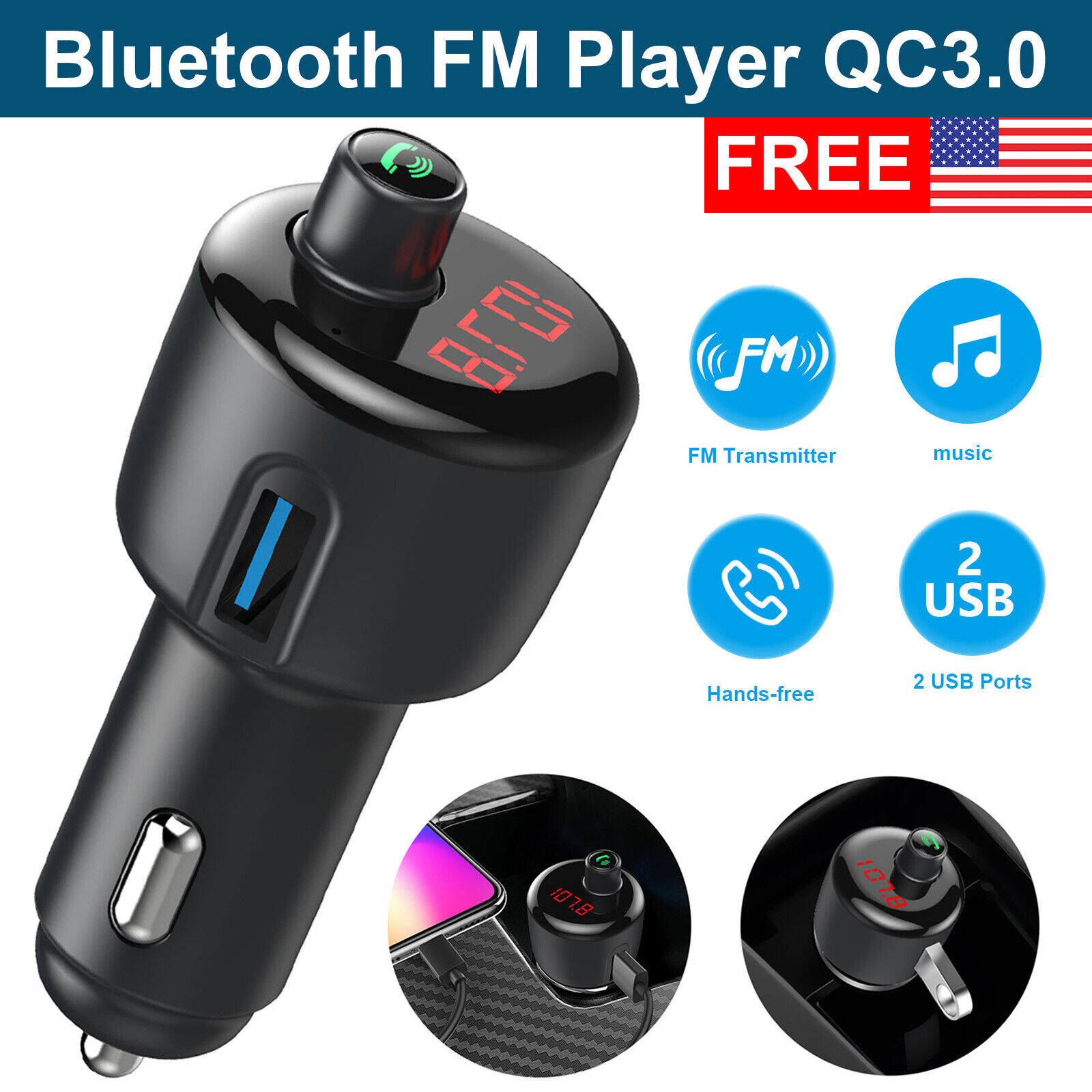 Bluetooth5.0 Car Wireless FM Transmitter Adapter Kit QC3.0 USB Charger HandsFree