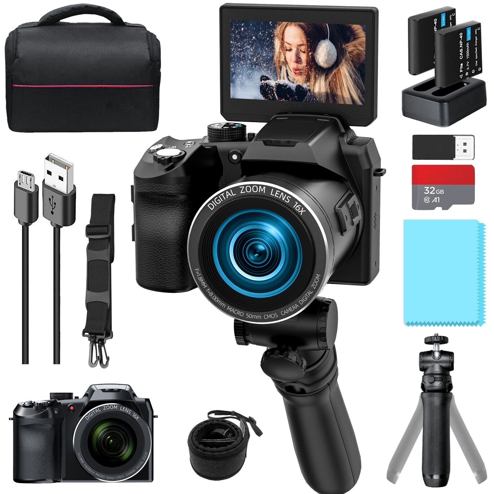 Digital Camera 64MP 4K 16X Vlogging Camera for YouTube with 3