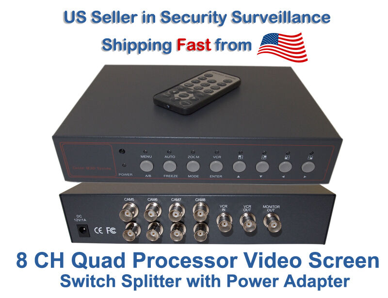 8 Channel 8 CH Analog Quad Processor Video Screen Switch CCTV Splitter w/Adapter