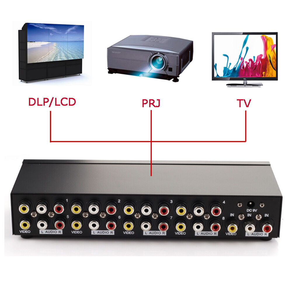 1x8 1 to 8 Way Ports RCA Audio Video AV Splitter Switch Switcher TV DVD Monitor