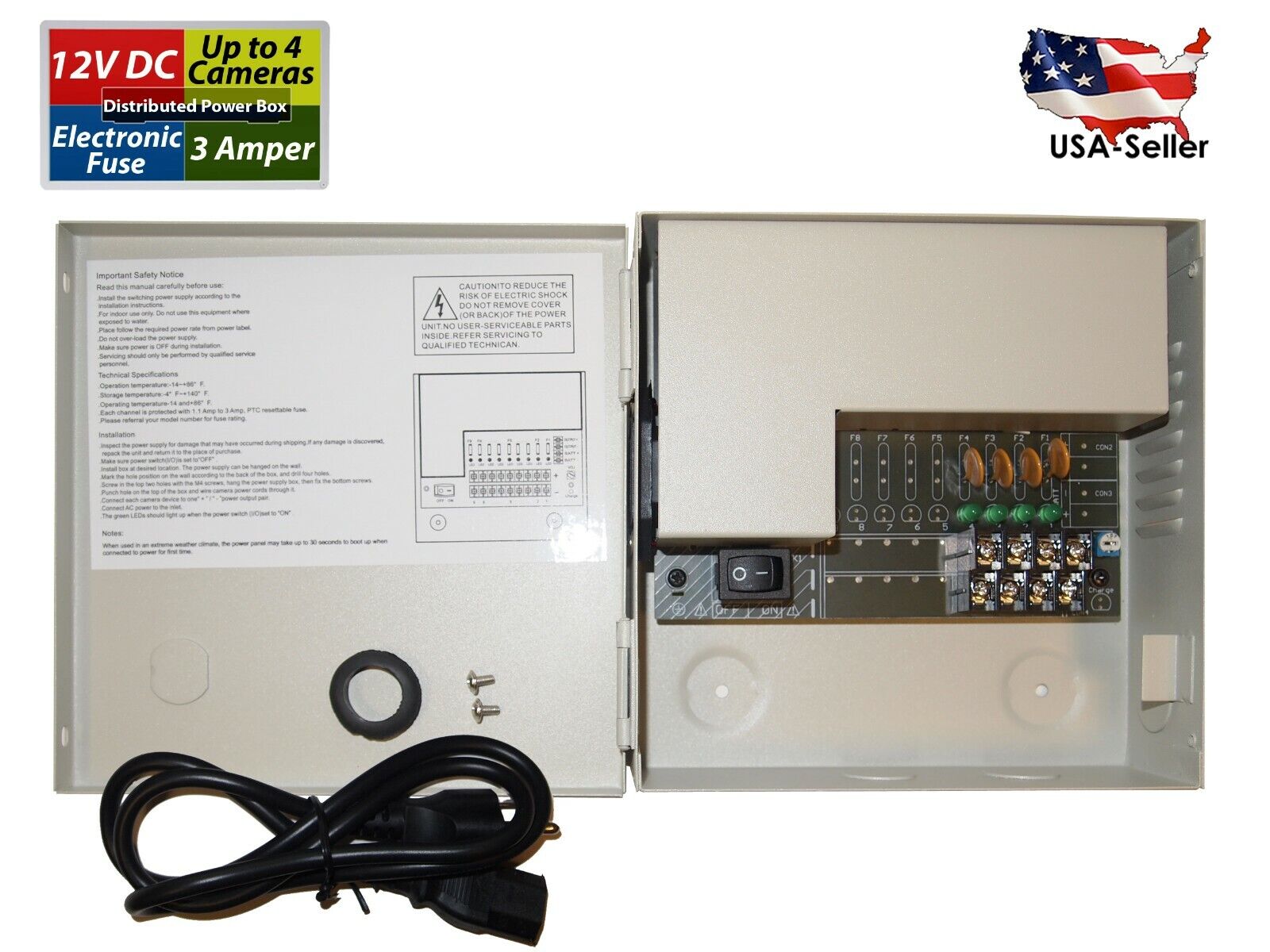 4 Ch Channel Distributed Power Supply Box with Electronic Fuse for CCTV Systems