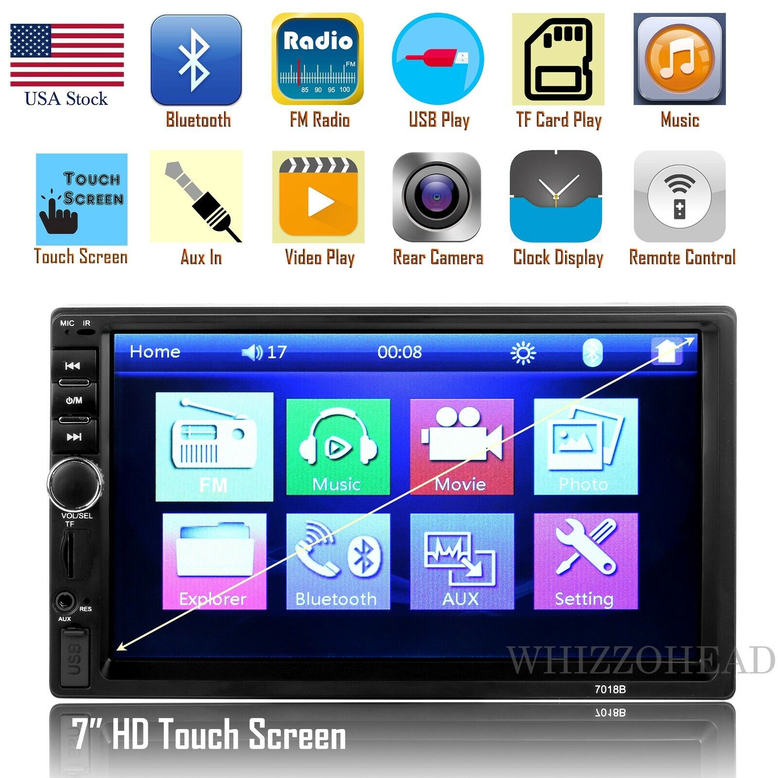 Double Din in-Dash Head Unit Car Stereo Audio Bluetooth 7 inch Touch Screen MP5