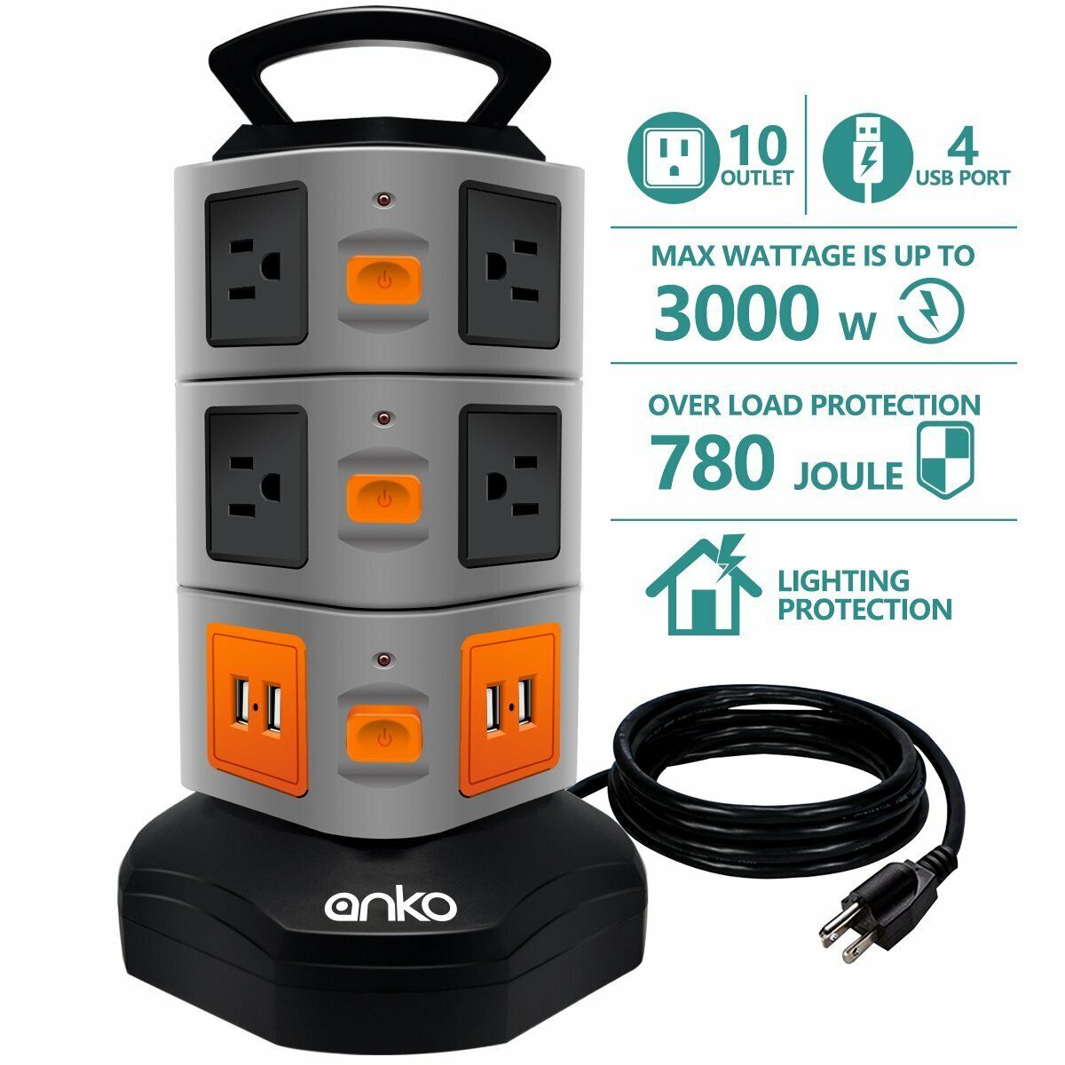 Power Strip Tower, 10 Outlets 4 USB Ports with 6ft Heavy Duty Extension Cord 