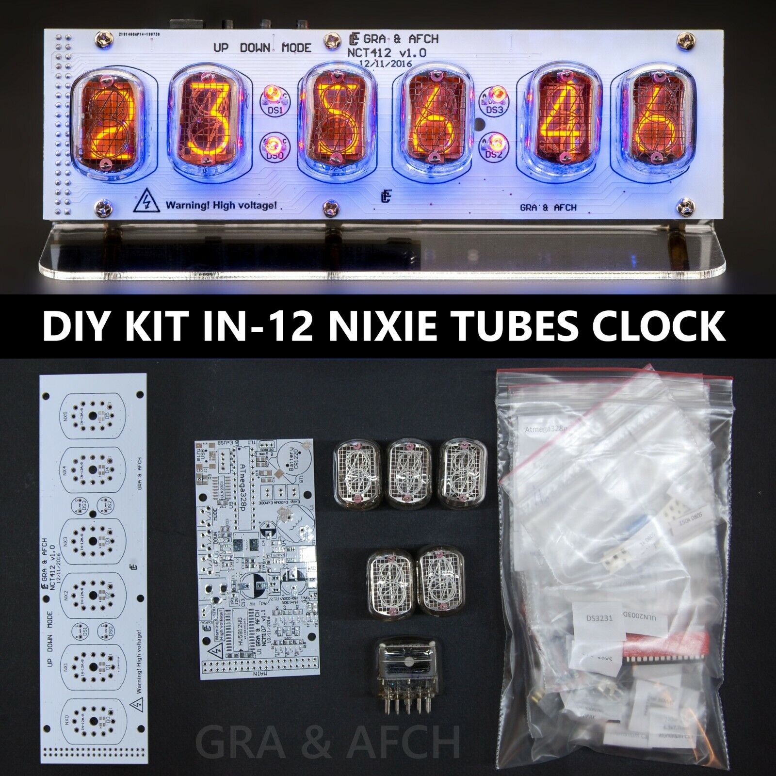 KIT Nixie Tube Clock IN-12 12/24H RGB USB Musical Sockets Tubes Acrylic Stand