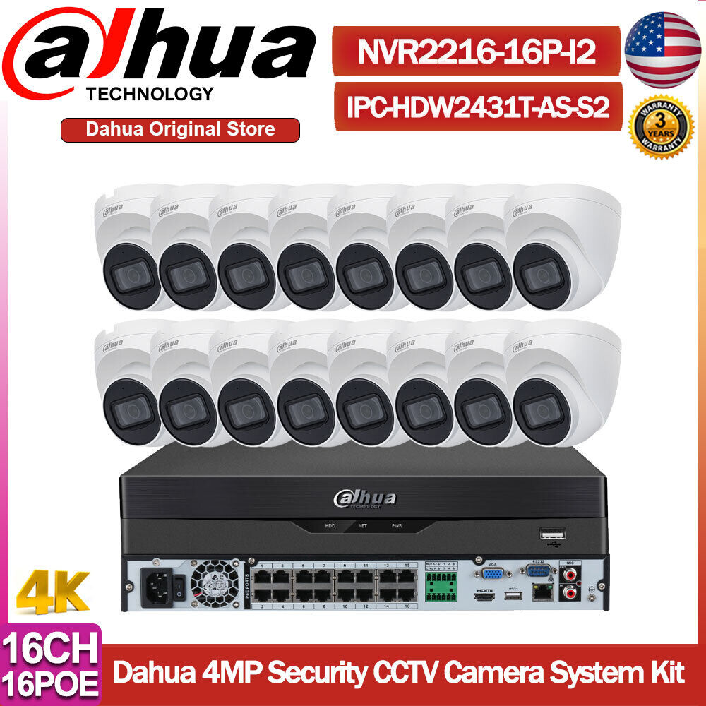 Dahua 4k 16CH 16POE CCTV System 4MP Smart Starlight IR IP Camera Mic Outdoor Lot