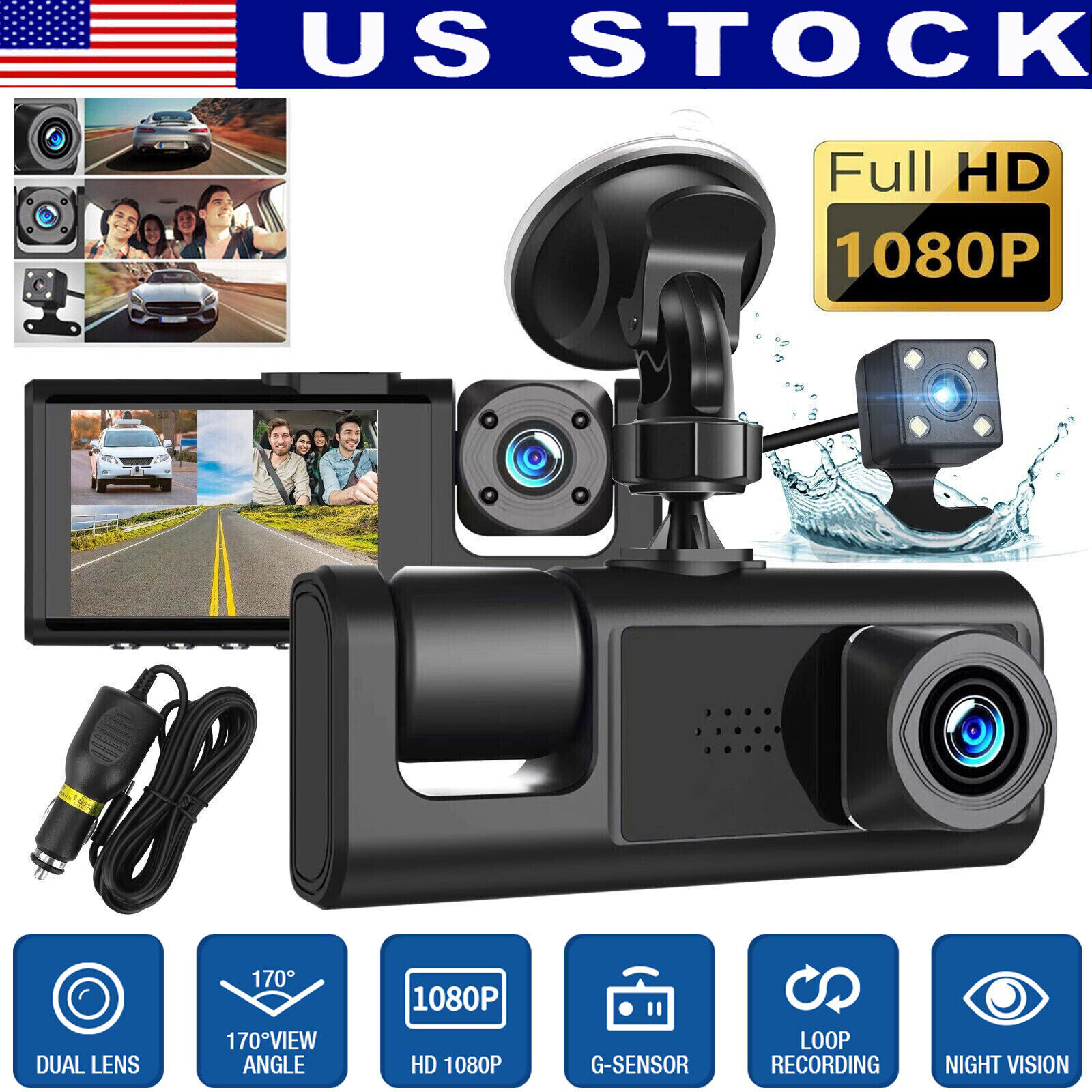1080P Car DVR 3 Lens Dash Cam Front/Rear/Inside Video Recorder Camera G-sensor