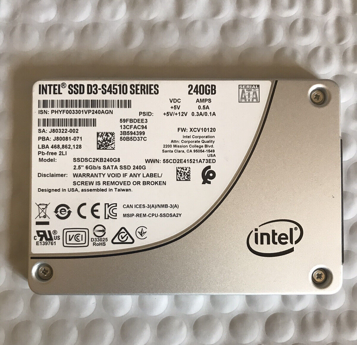 Intel SSD D3-S4510 Series 2.5” 6Gb/s Sata SSD 240gb Model SSDSC2KB240G8
