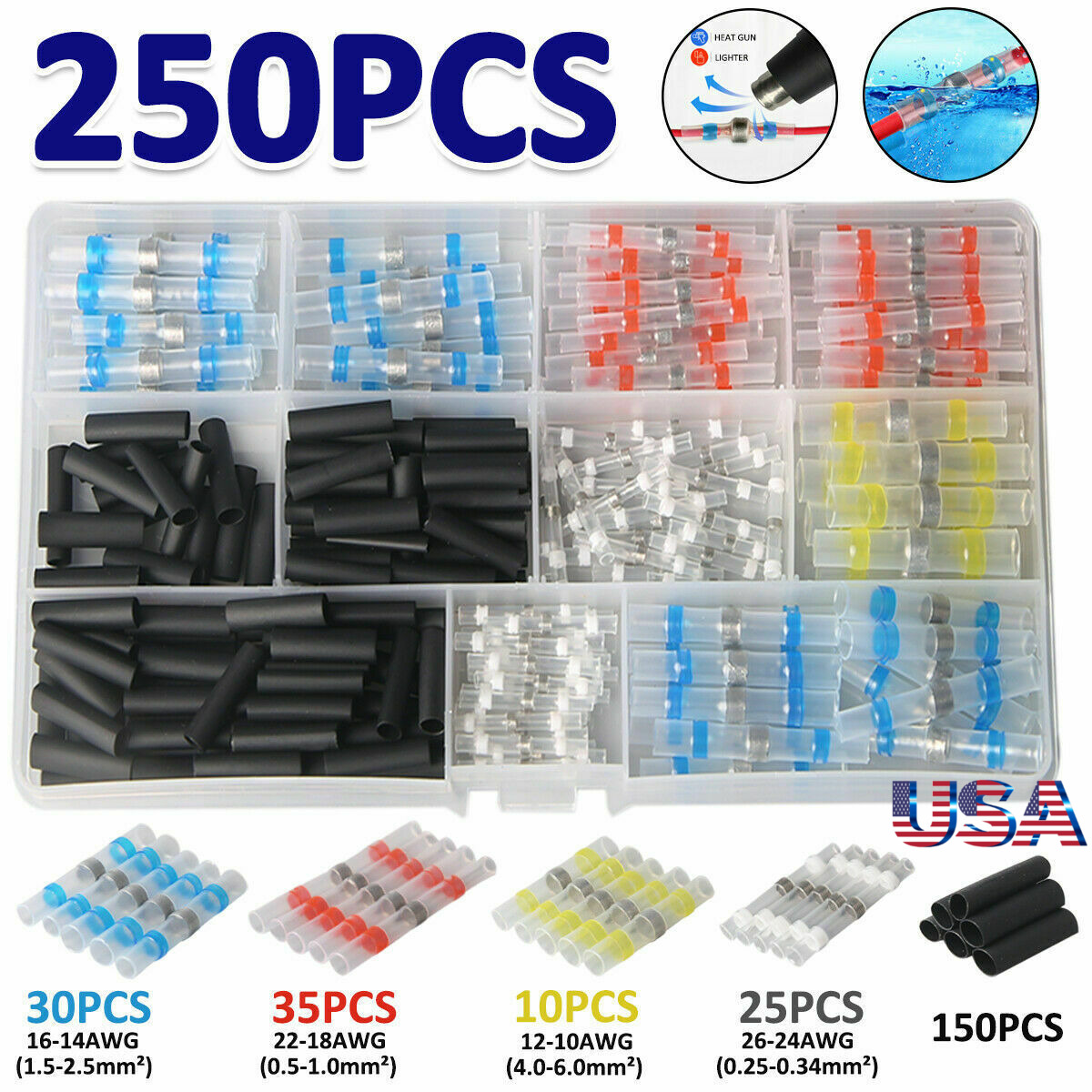 250PCS Solder Seal Sleeve Heat Shrink Wire Connectors Butt Terminals Waterproof