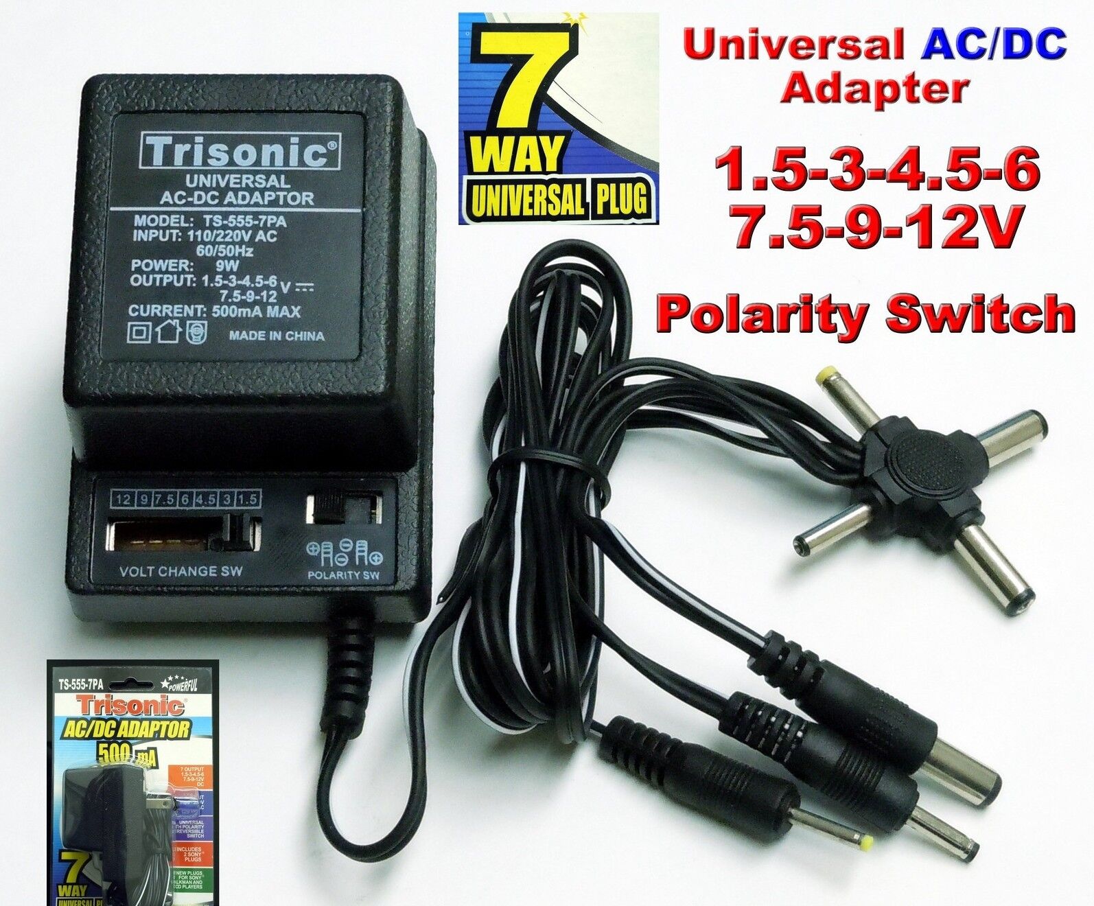 universal ac/dc power adapter output 3V 4.5V 6V 7.5V 9V 12V 500mA 2 sony plugs