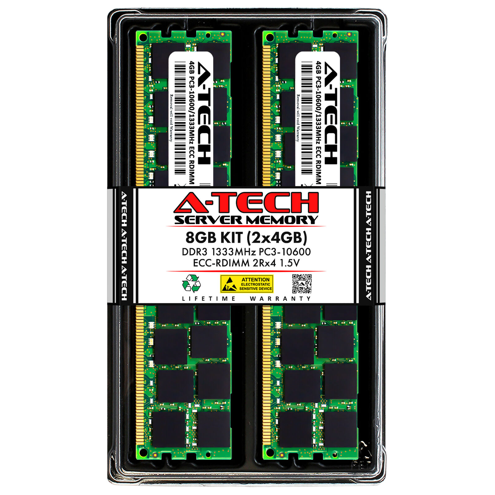 A-Tech 8GB 2x 4GB 2Rx4 PC3-10600R DDR3 1333 MHz ECC REG RDIMM Server Memory RAM
