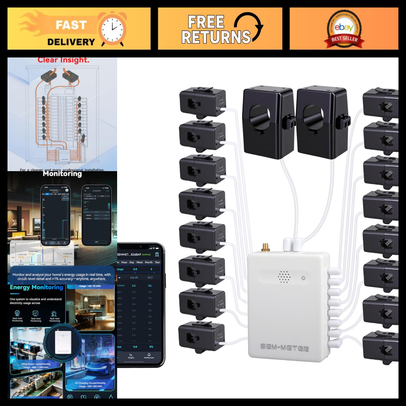 Energy Monitor with 16 Circuit Sensors, Real-Time Power Tracking & Cost, App Com Energy Monitor with 16 Circuit Sensors, Real-Time Power Tracking & Cost, App Com
