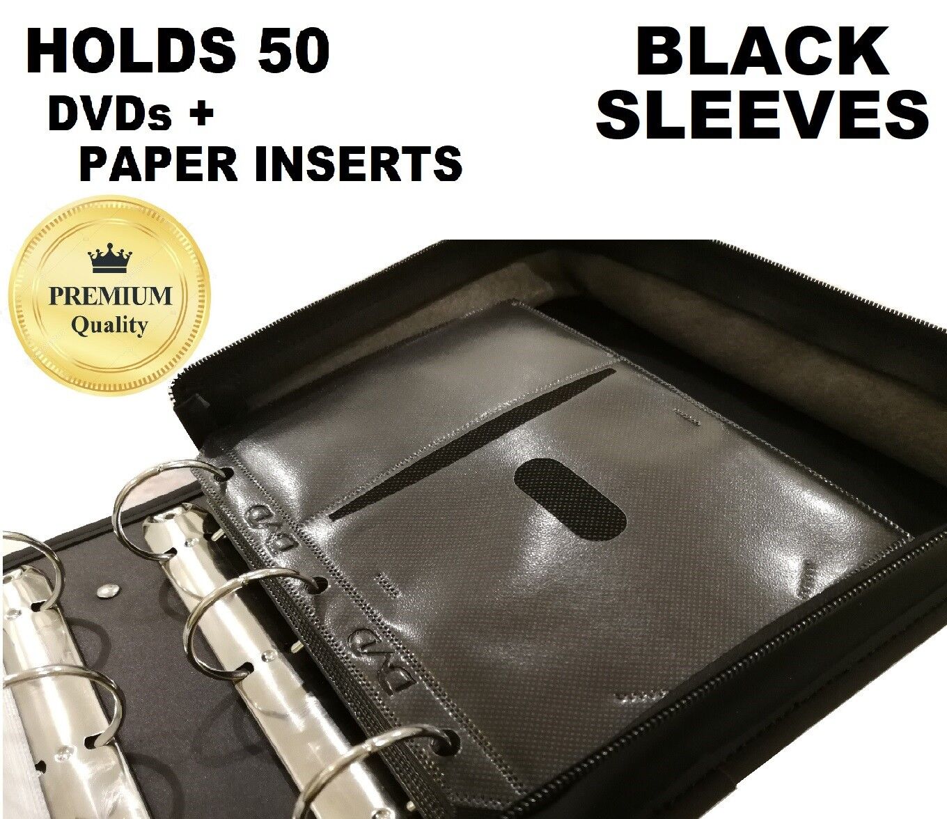 PREMIUM 50 DVD Movie Storage Case Wallet Black Leather Folder Album DVD Sleeves