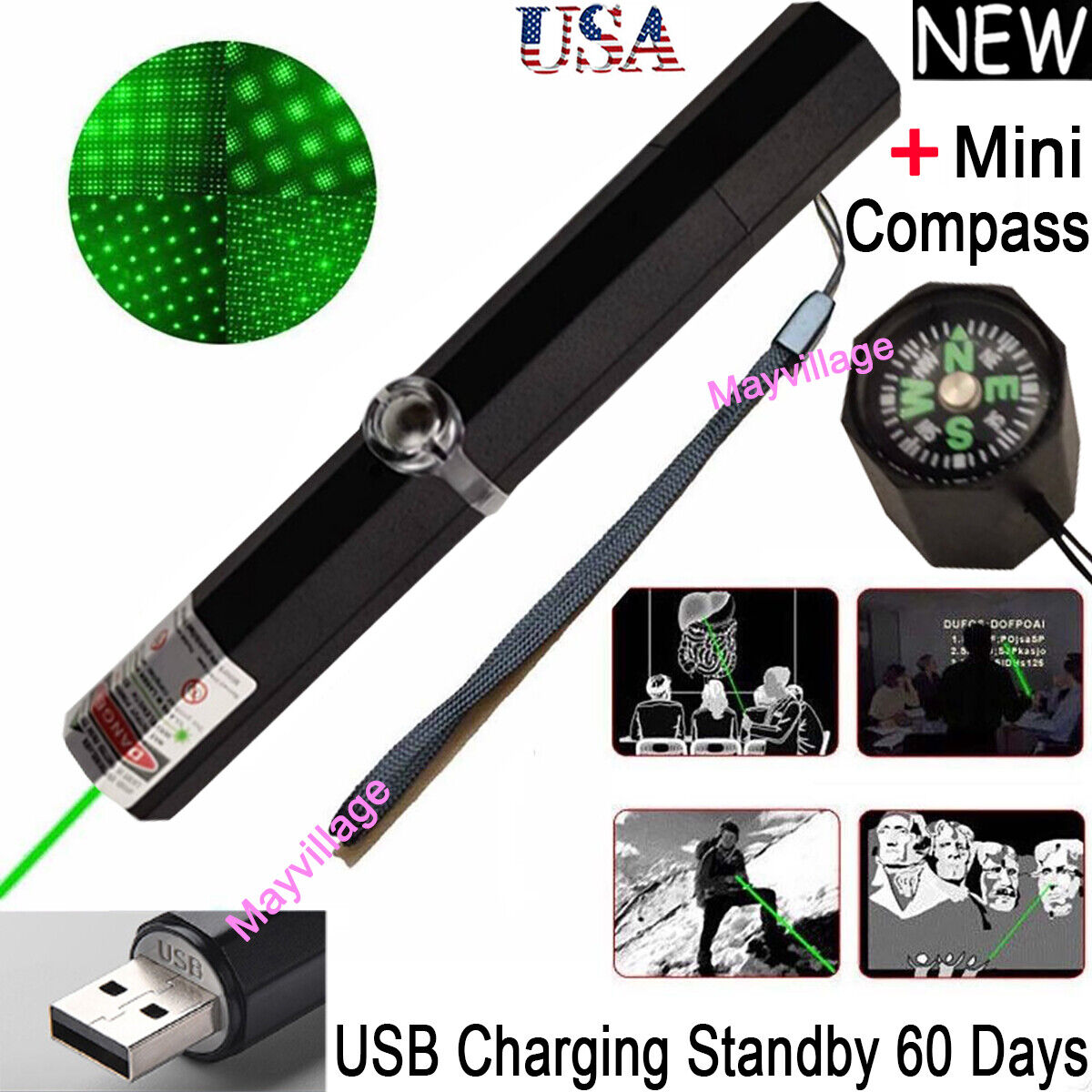 10 Miles Green Laser Pointer Pen Mini Compass Visible Beam Light (USB Charging)
