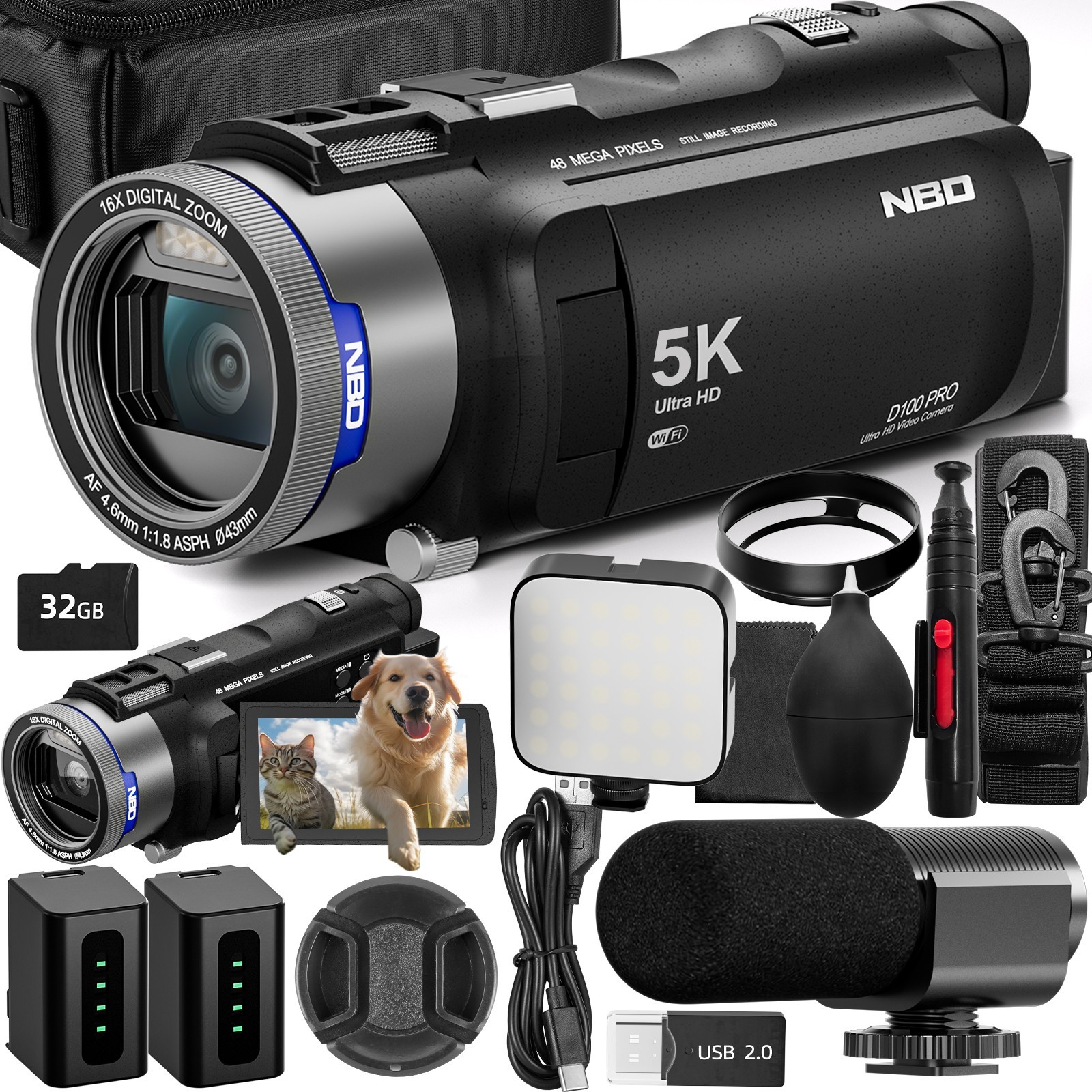 5K Ultra HD Camcorder Video Cameras 48MP 16X for YouTube With Wi-Fi App Control