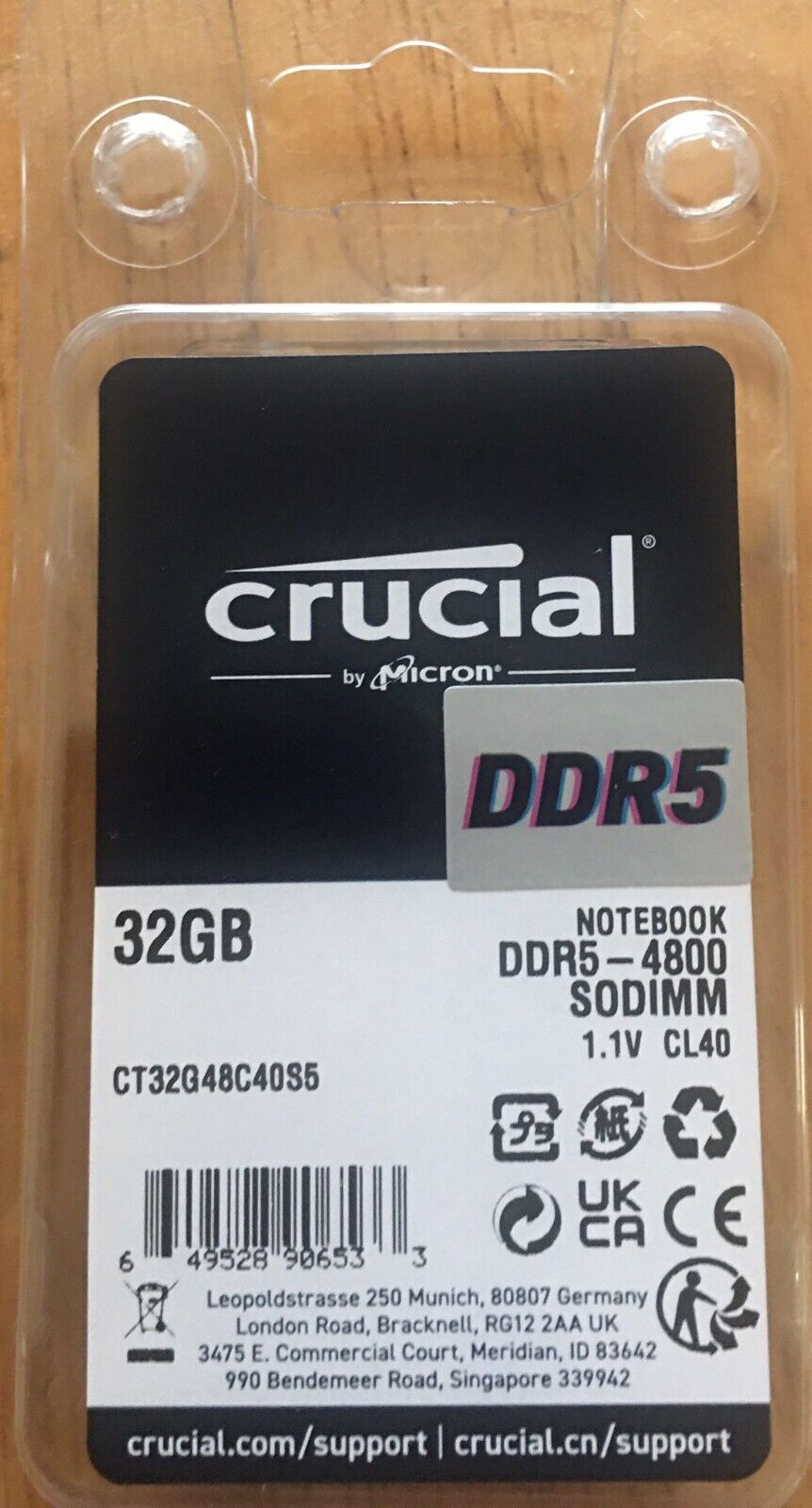 Crucial 32GB DDR5 4800MHz  SoDIMM Memory Module CT32G48C40S5 *NEW. SEALED*