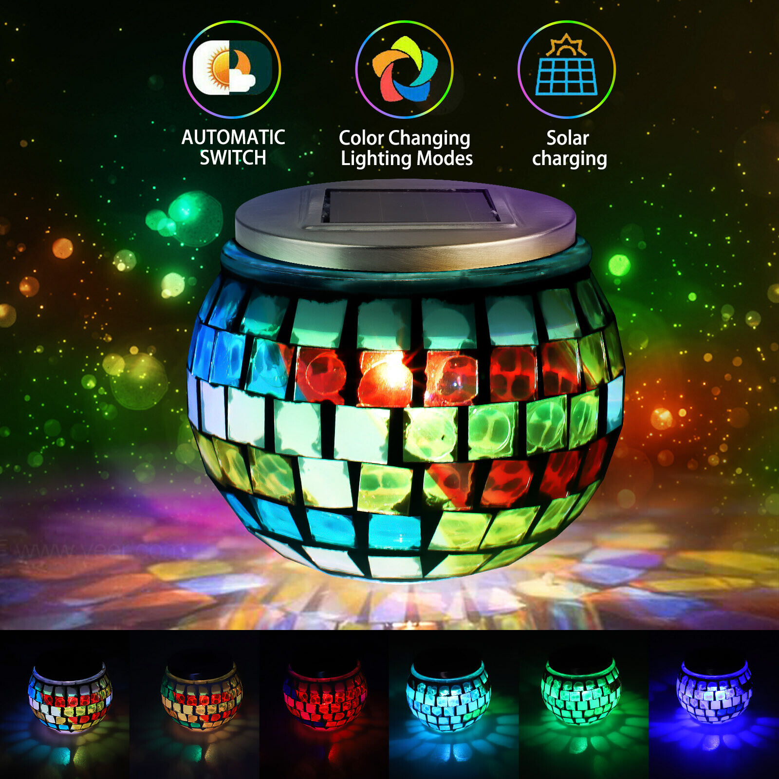 Outdoor Solar Glass Mosaic Ball LED Light Color Changing Lamp Table Garden Decor