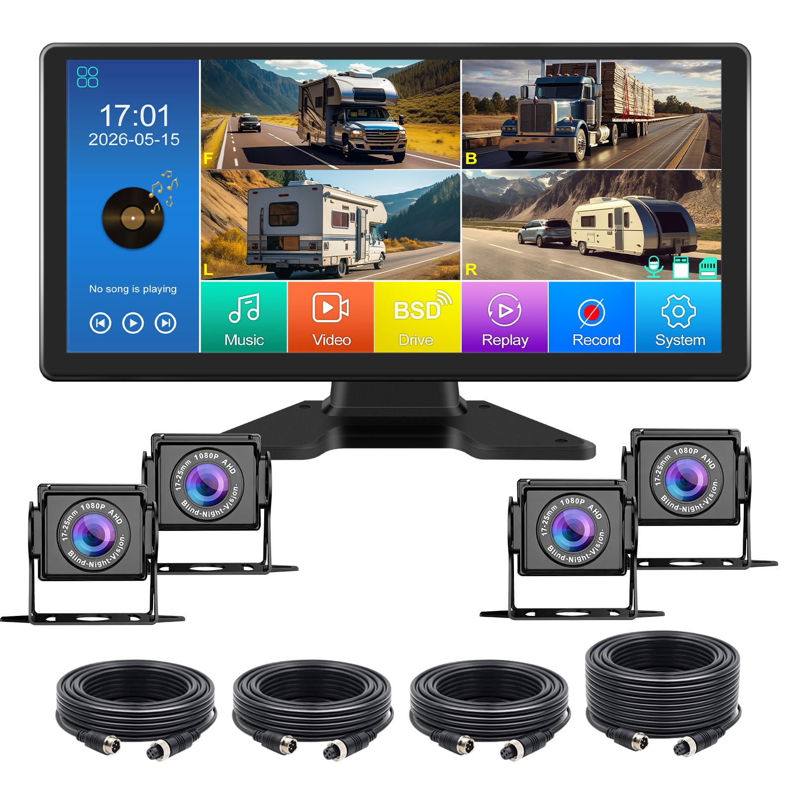 10.36-inch Quad-Screen Touchscreen Monitor with 4 Rearview AHD 1080P Cameras