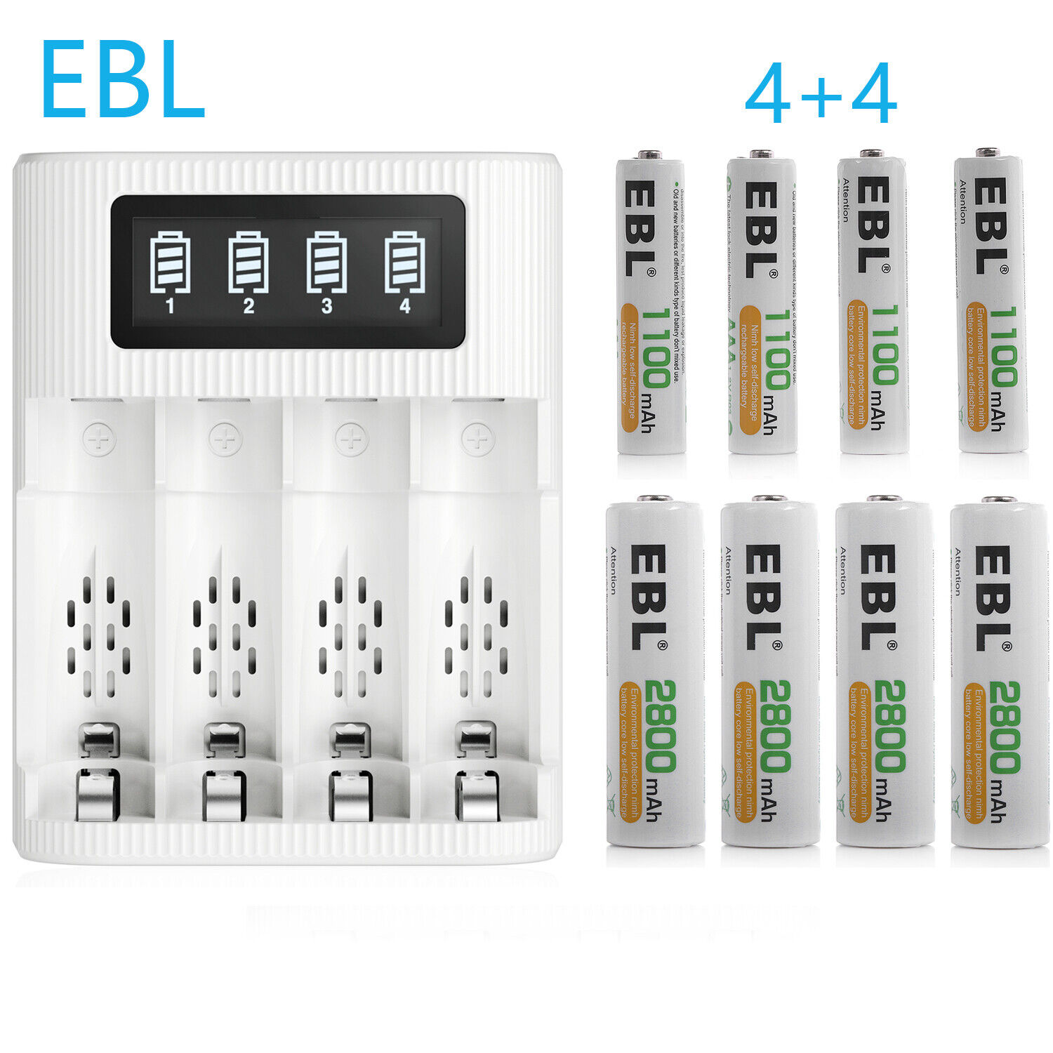 EBL AA AAA Rechargeable Batteries （4* AA + 4* AAA ) 1.2V w/ LCD Battery Charger