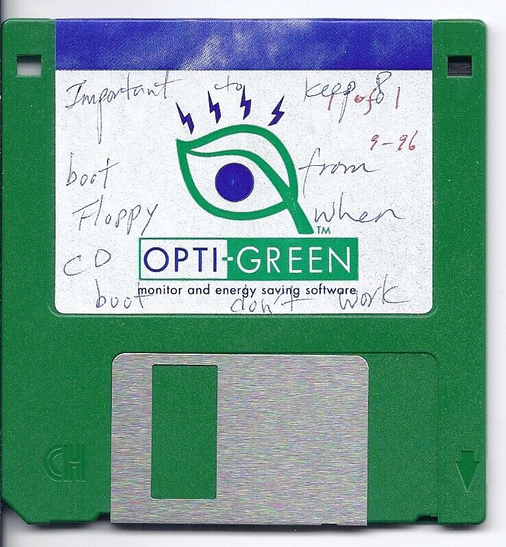 A green colored vintage 1.44 floppy disc disk 