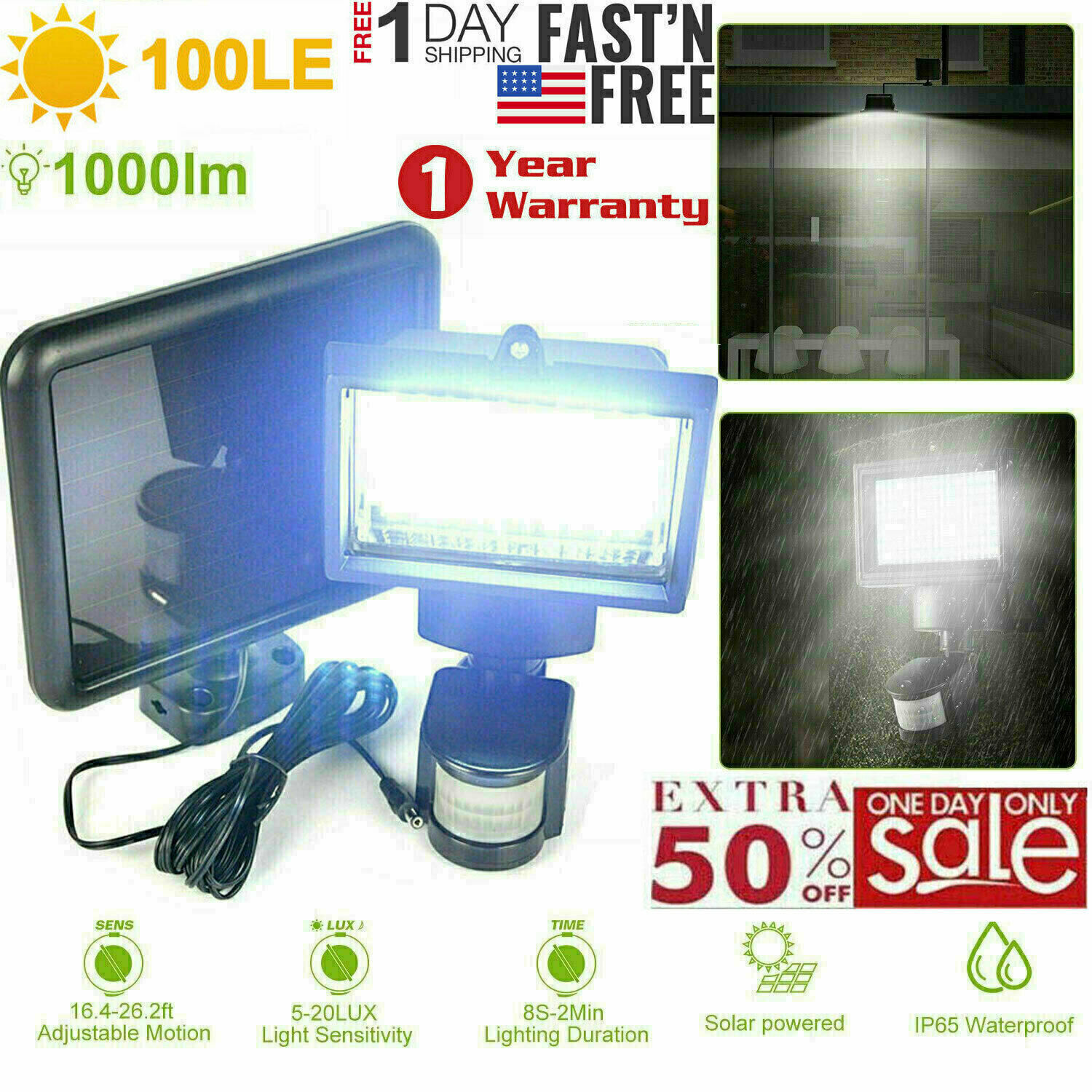 Solar Power 100LED Light Motion Sensor Security Lights Garden Waterproof Lamp