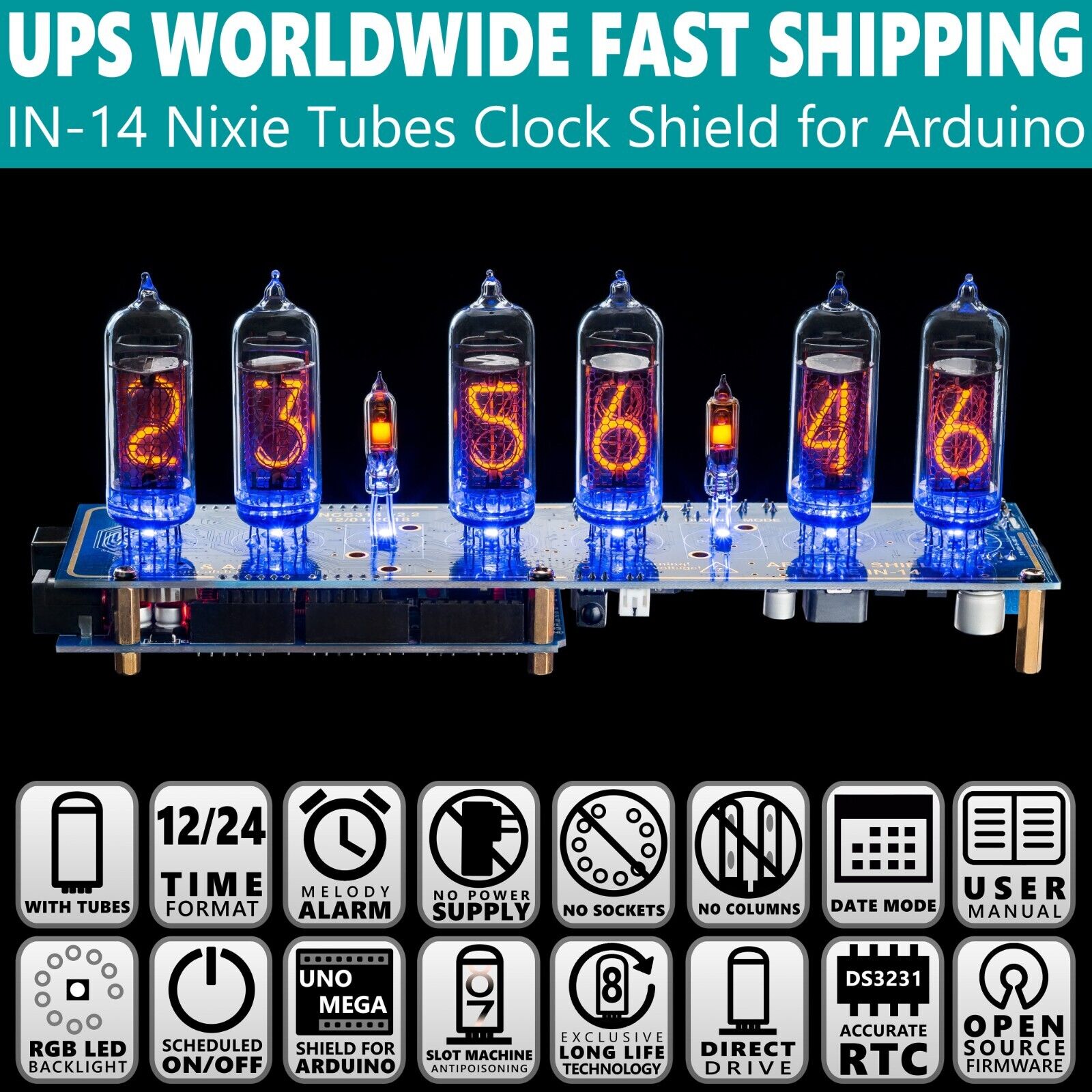 Nixie Tube Clock IN-14 Arduino Shield NCS314 WITH TUBES FAST DELIVERY 3-5 Days