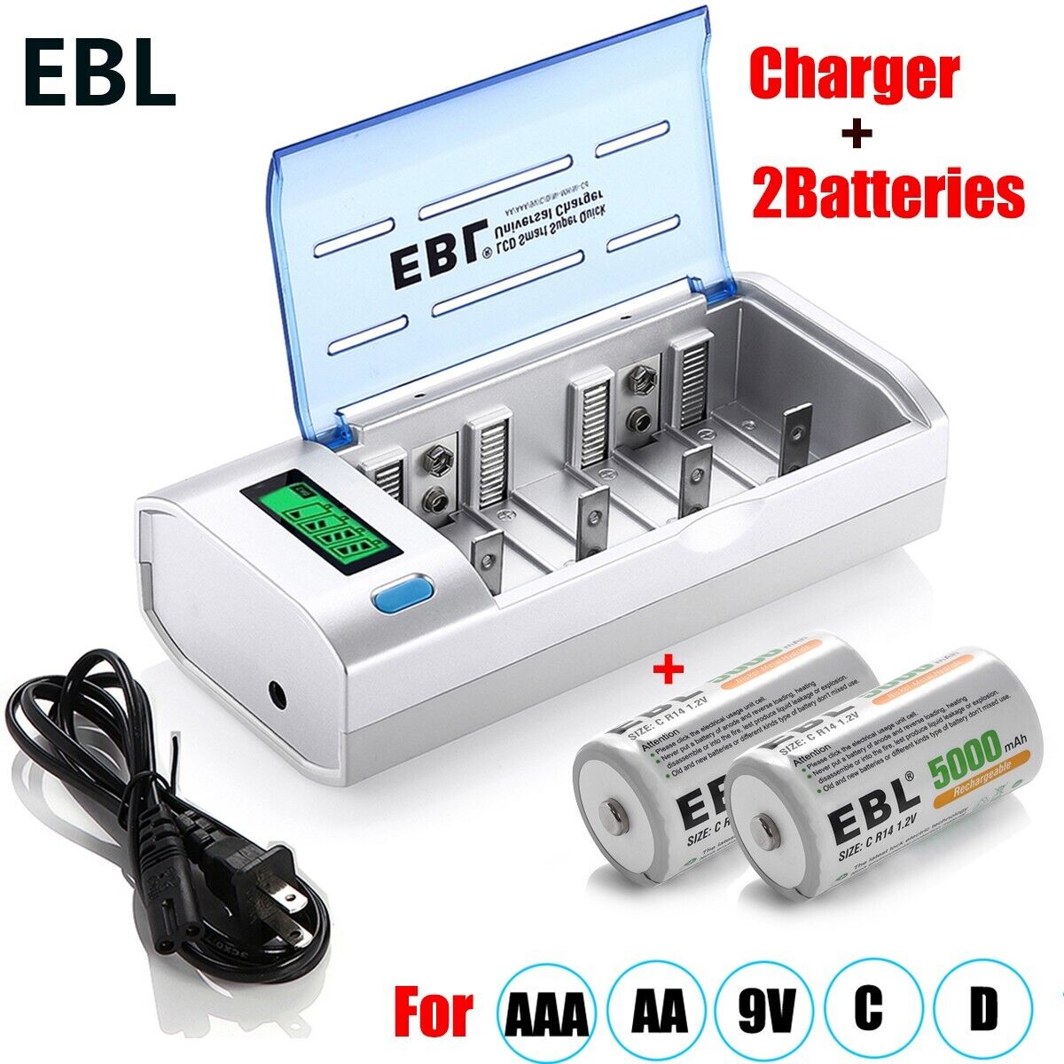 EBL LCD Smart Charger For AA AAA C D 9V Rechargeable Battery + 2 C Size Battery