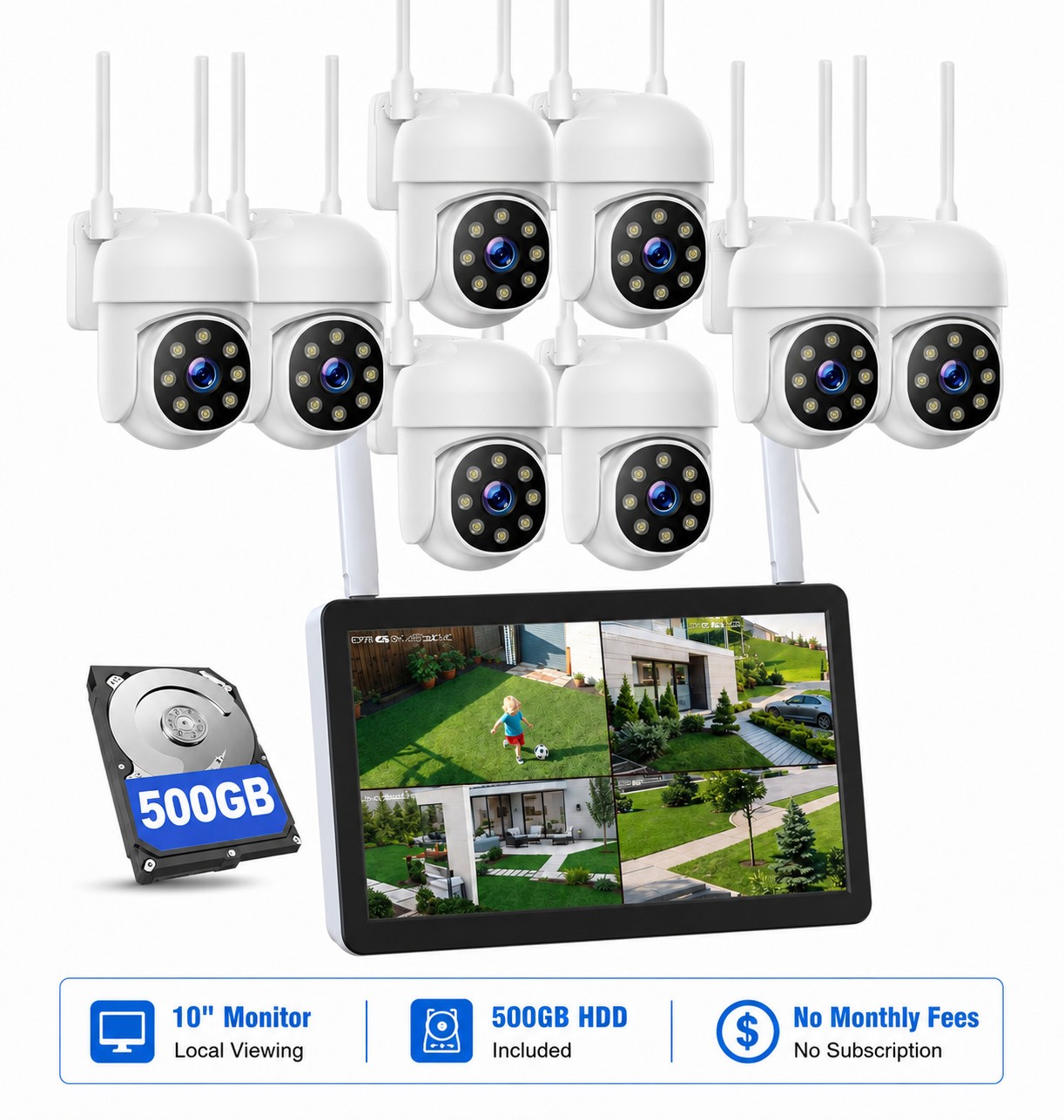8PC PTZ WiFi Cameras 10inch Monitor 4K NVR Wireless Security Camera System Audio