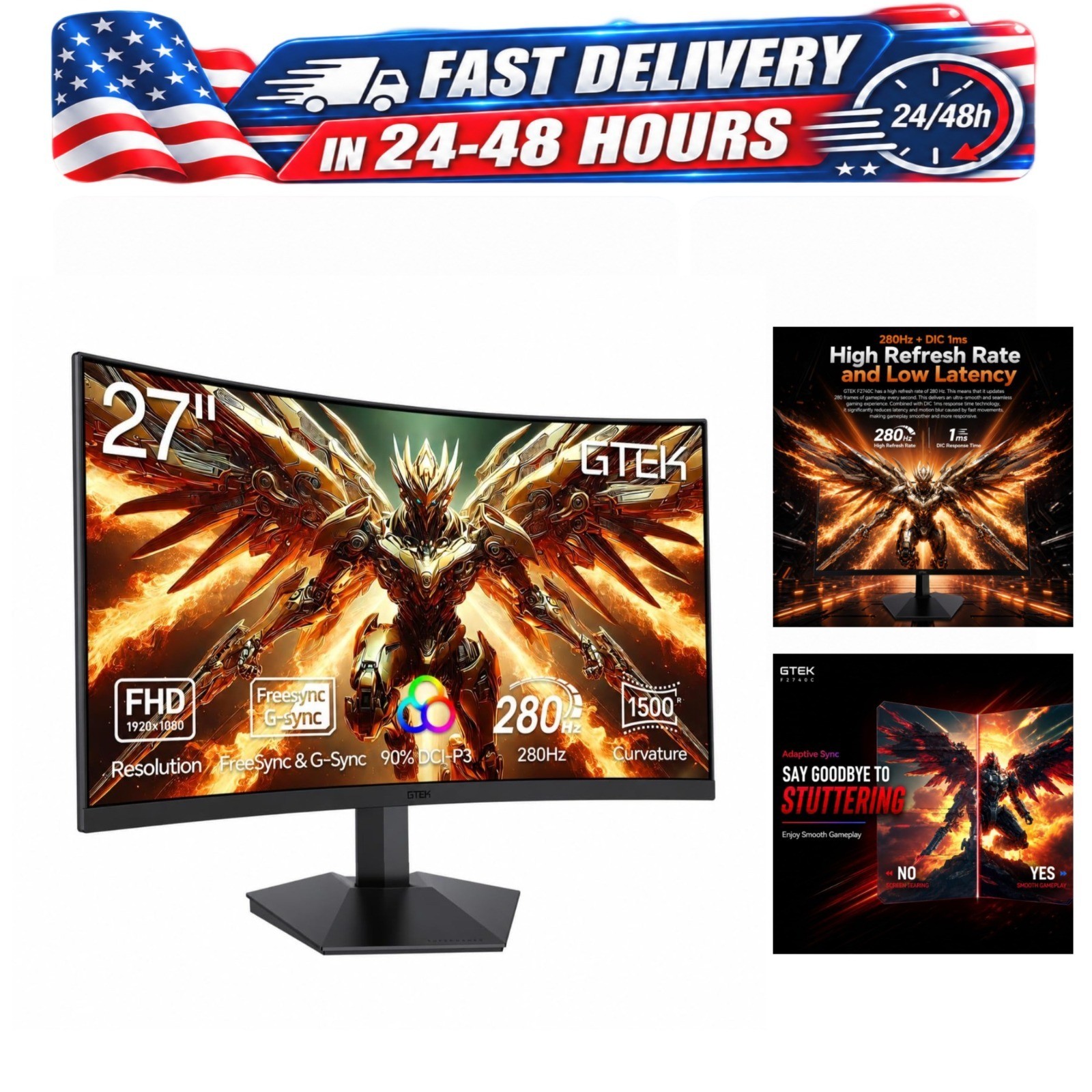 GTek 27 Inch Curved Gaming Monitor 280Hz FHD 1080P 1ms FreeSync HDR VA PC