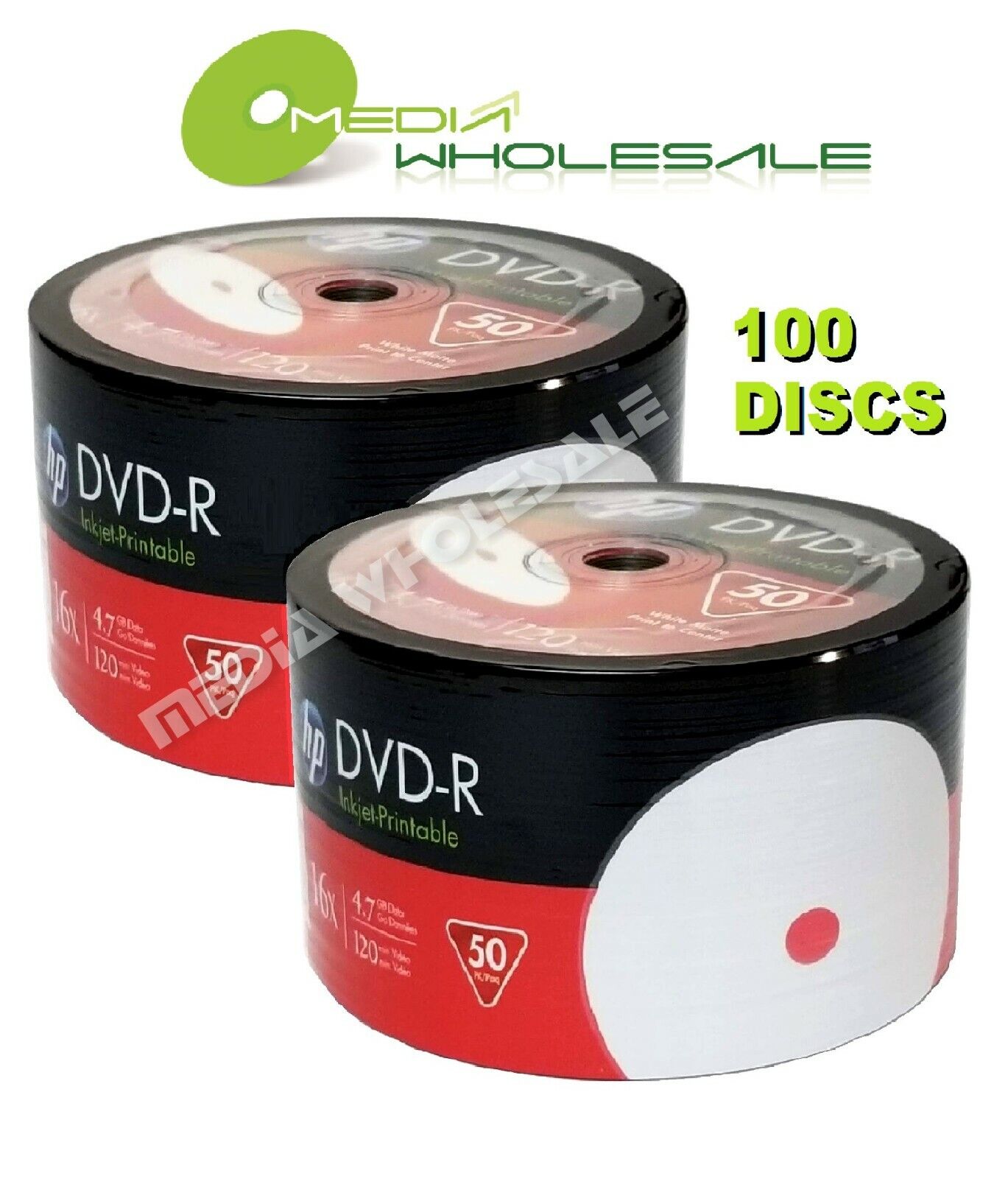 100 HP Blank 16X DVD-R DVDR White Inkjet Hub Printable 4.7GB Media Disc 2x50pk